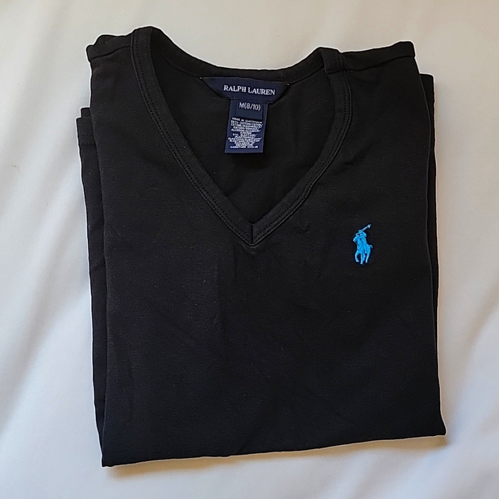 Ralph Lauren Classic Cap Short Sleeve V-Neck Tee Cotton Shirt Kid's Medium Black